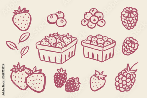 Hand Drawn Assortment Of Berries And Leaves strawberry