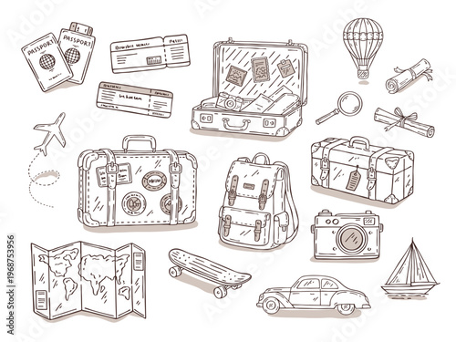 Retro travel vector set with hand-drawn outline icons: suitcase, backpack, map, passport, tickets, airplane, car, yacht, skateboard, and hot air balloon for travel-themed designs