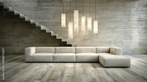 Modern living room features a sectional sofa, concrete wall, and unique pendant lights.