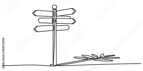 A single continuous line drawing of a tall signpost with multiple blank directional arrows shown Vector, illustration