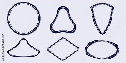 A collection of six unique hand-drawn shapes on a light purple background