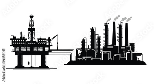 An industrial complex featuring an oil rig and refinery depicted in a striking black silhouette high quality professional detailed modern elegant