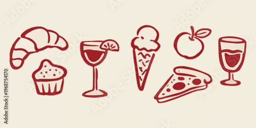 Hand Drawn Food and Drink Icons on Cream Background Keywords: croissant, cupcake, wine glass, ice