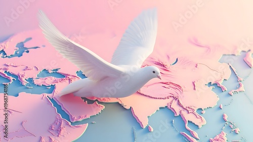 3D rendering of a white dove in flight over a map of the Middle East in vibrant shades of pink and light blue, stylized concept of geopolitical peace.
