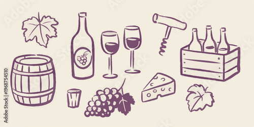 Hand Drawn Purple Wine Related Illustrations on Beige Background