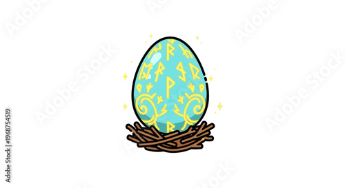 a blue and yellow egg in a nest.