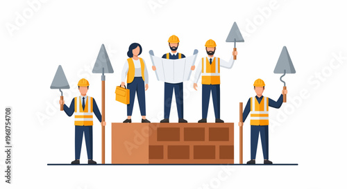 Construction workers labor on a brick structure with workforce