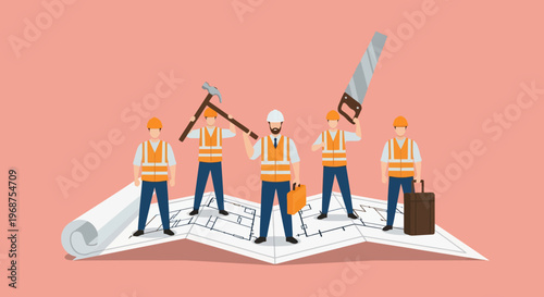 Construction workers on a blueprint planning with labor workforce