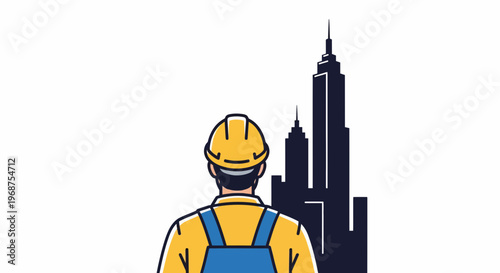 A construction worker in labor oversees workforce building a cityscape.