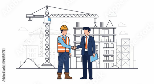 A construction worker in a hard hat shakes hands with a suited man amidst a construction site with a crane and building under labor.