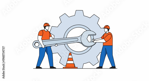 Two construction workers from the workforce perform labor with a large wrench on a gear