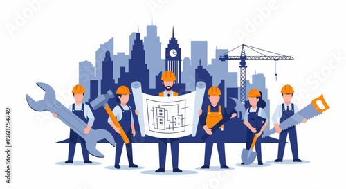 Construction worker labor team workforce building cityscape with tools and blueprints