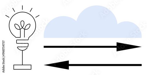 Renewable energy, cloud computing, data flow, innovation, sustainability, green technology. Light bulb with plant inside, cloud icon and arrows. Renewable energy and cloud computing visualization