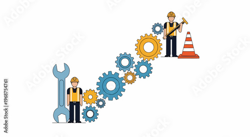 construction worker and workforce labor among large wrench and colorful gear system with another worker on top of traffic cone