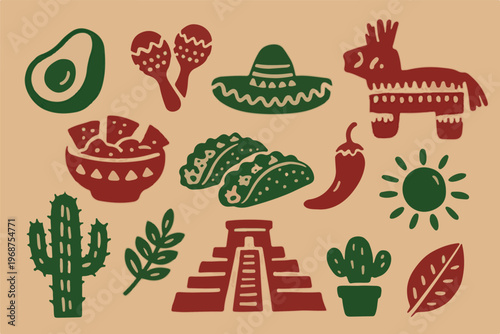 Mexican Fiesta Icons With Cactus And Sombrero culture