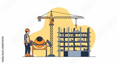 A construction worker oversees labor and workforce building a structure with a crane.