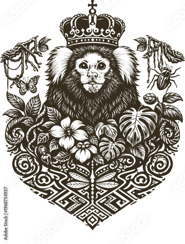 Crowned Marmoset Monkey Jungle Insect Floral Art