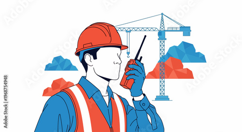 A worker in labor on Worker Day communicates on a radio at a construction site.