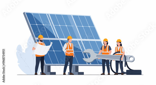 Workers on labor day install solar panels with equipment outdoors