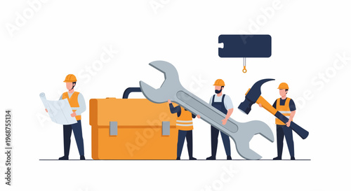 Workers celebrate worker day with labor and tools on site