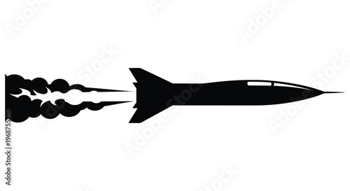 A sleek black rocket soars through the air leaving a trail of smoke and fire behind it silhouette high quality professional