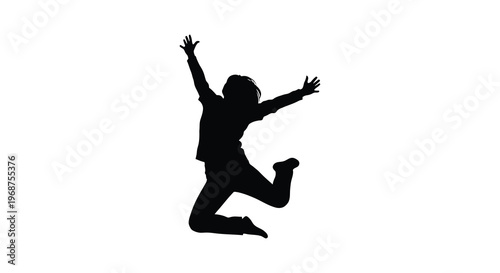 A joyful child leaps in the air with arms outstretched captured as a striking black silhouette high quality professional detailed modern