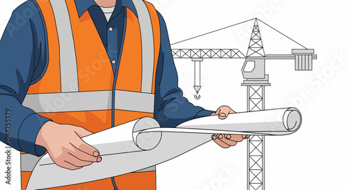 A worker in an orange vest reviews construction plans on a worker day labor site.