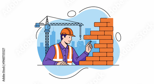 A worker in labor on a construction site building a brick wall on worker day