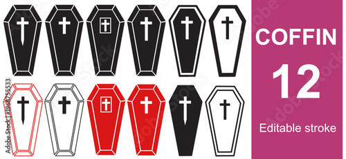 Coffin Icons Collection – Gothic Funeral, Halloween Symbols, Editable Stroke Vector Set