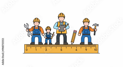 Workers celebrate Labor Day with tools on a giant ruler together