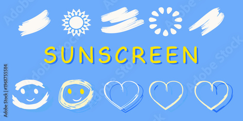 Bright blue background with suns hearts and the word sunscreen