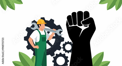 A worker celebrates labor day with a raised fist and tools in hand