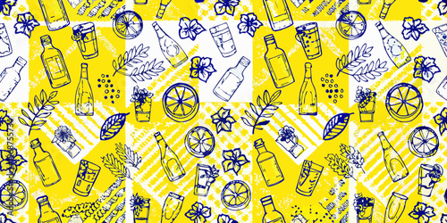 Hand drawn summer pattern with cocktails citrus and floral elements