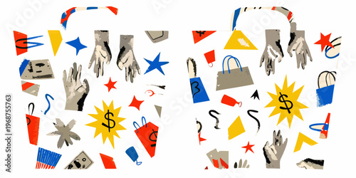 Collage of shopping bags hands stars and geometric shapes in bright colors
