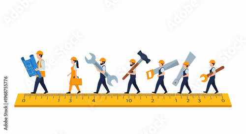 Workers celebrate labor day by walking on a giant ruler with tools