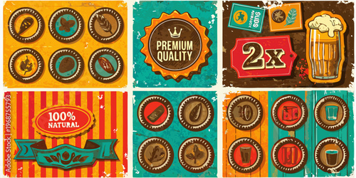 A colorful collage of vintage style labels and badges with various designs