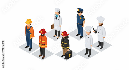 Various workers celebrate Worker Day with different labor professions standing together