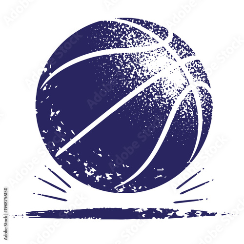 Dark blue basketball with a distressed halftone texture and motion lines indicating a bounce on a flat surface isolated on a white background