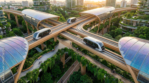 Futuristic Monorail Trains Cross Elevated Tracks in a Lush Urban Jungle Cityscape