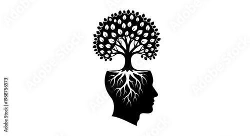Black silhouette of a human head with a tree growing out of it.