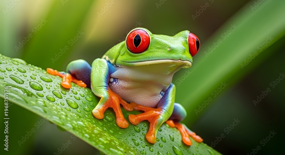 Obraz premium Vibrant Red Eyed Tree Frog Perched on a Dewy Green Leaf in Lush Rainforest.