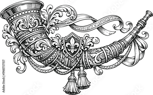  Decorative Ceremonial Horn Line Drawing – Elegant Decorative Instrument Illustration
