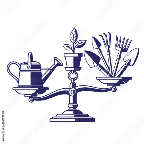 Dark blue ink of a vintage balance scale weighing a watering can against a potted plant and various gardening hand tools like trowels and cultivators on a white background