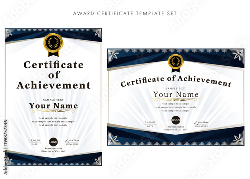 Certificate of Achievement Template Set, Elegant Blue and Gold Award Design