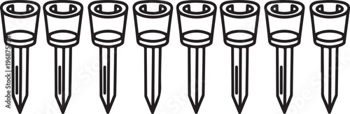 Eight black ink pens aligned vertically with downward-pointing arrows Vector