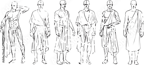 Set of 6 Ancient Roman Toga and Drapery Fashion Vector Illustrations isolated PNG with Transparent Background