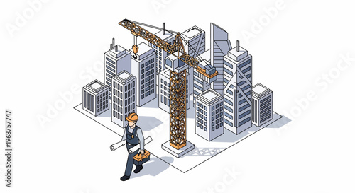 A worker in labor on worker day walks towards a construction site with a crane among buildings.