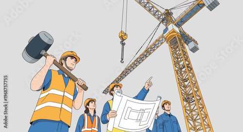 Workers on labor day operate heavy machinery at a construction site with a worker holding a large hammer and others discussing plans.