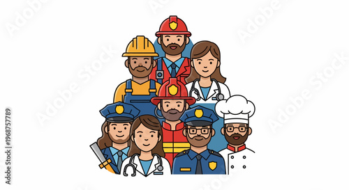 A group of diverse workers celebrate Labor Day with a mix of professionals.