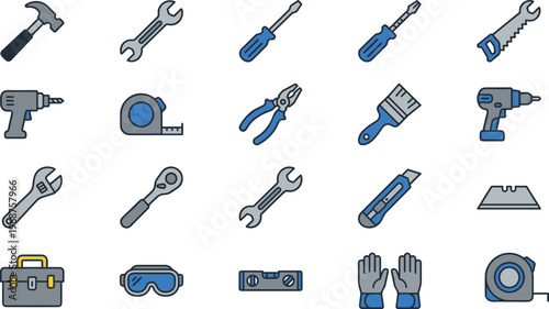 Construction tools icon set featuring hammer, wrench, drill and screwdriver, flat vector illustration for repair, maintenance and industrial equipment design